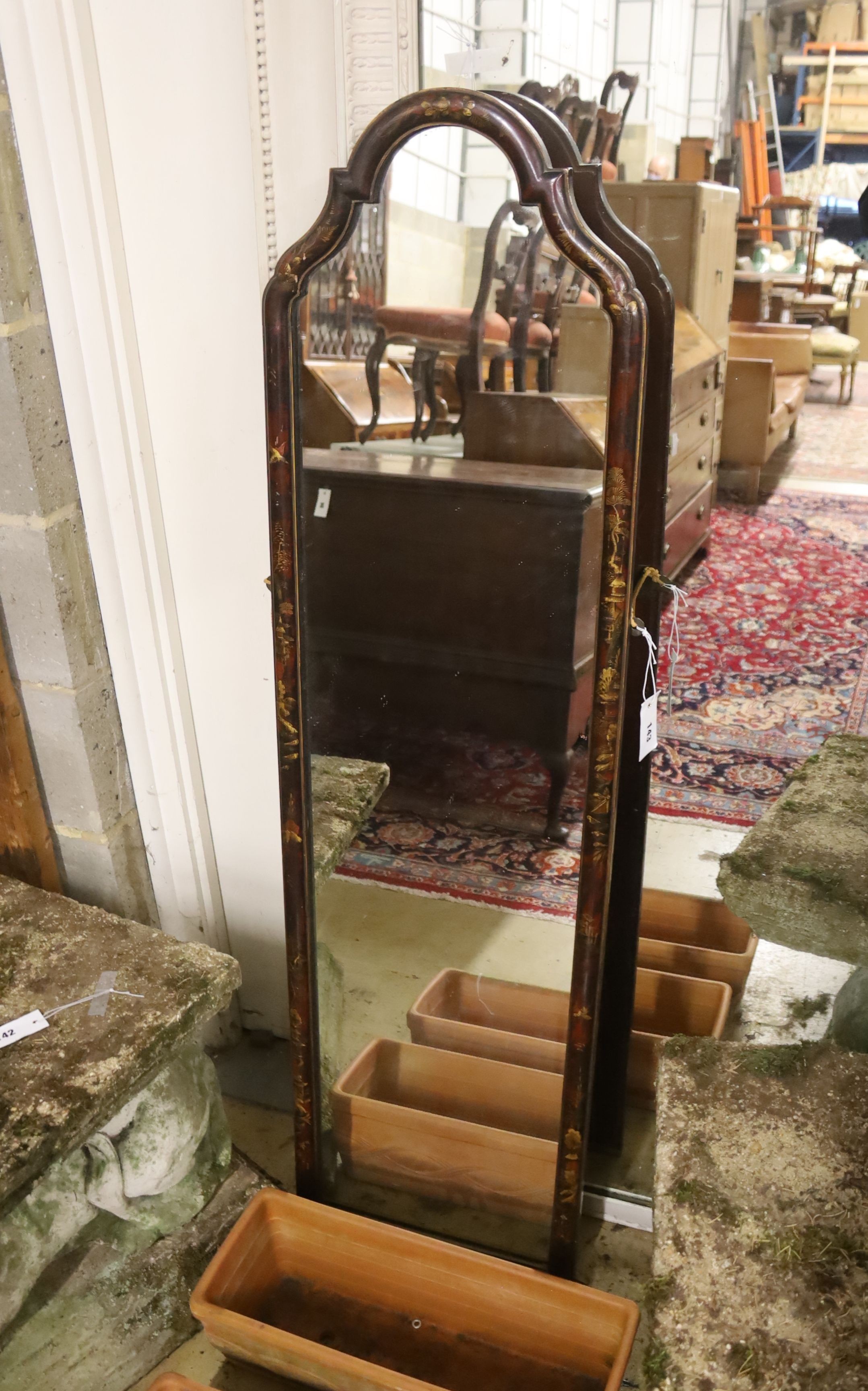 A 1920's chinoiserie lacquer robing mirror, width 38cm, height 138cm